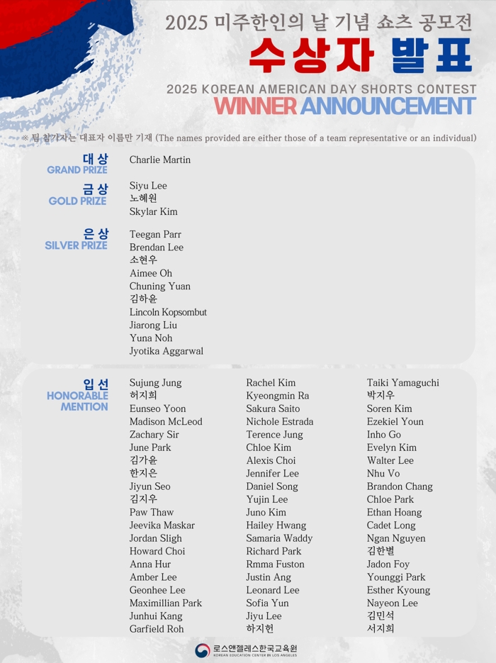 Winner Announcement of the "2025 Korean American Day Shorts Contest"