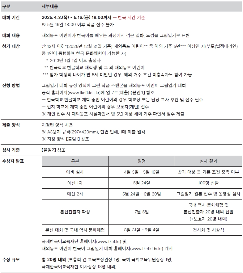 [국제한국어교육재단] 2025년 재외동포 어린이 한국어 그림일기 대회 안내
