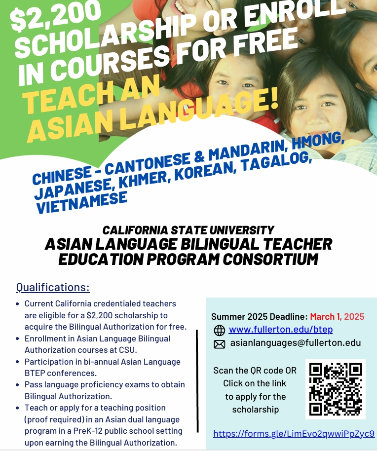 CSU-Asian Language Bilingual Teacher Education Program $20,000 scholarship